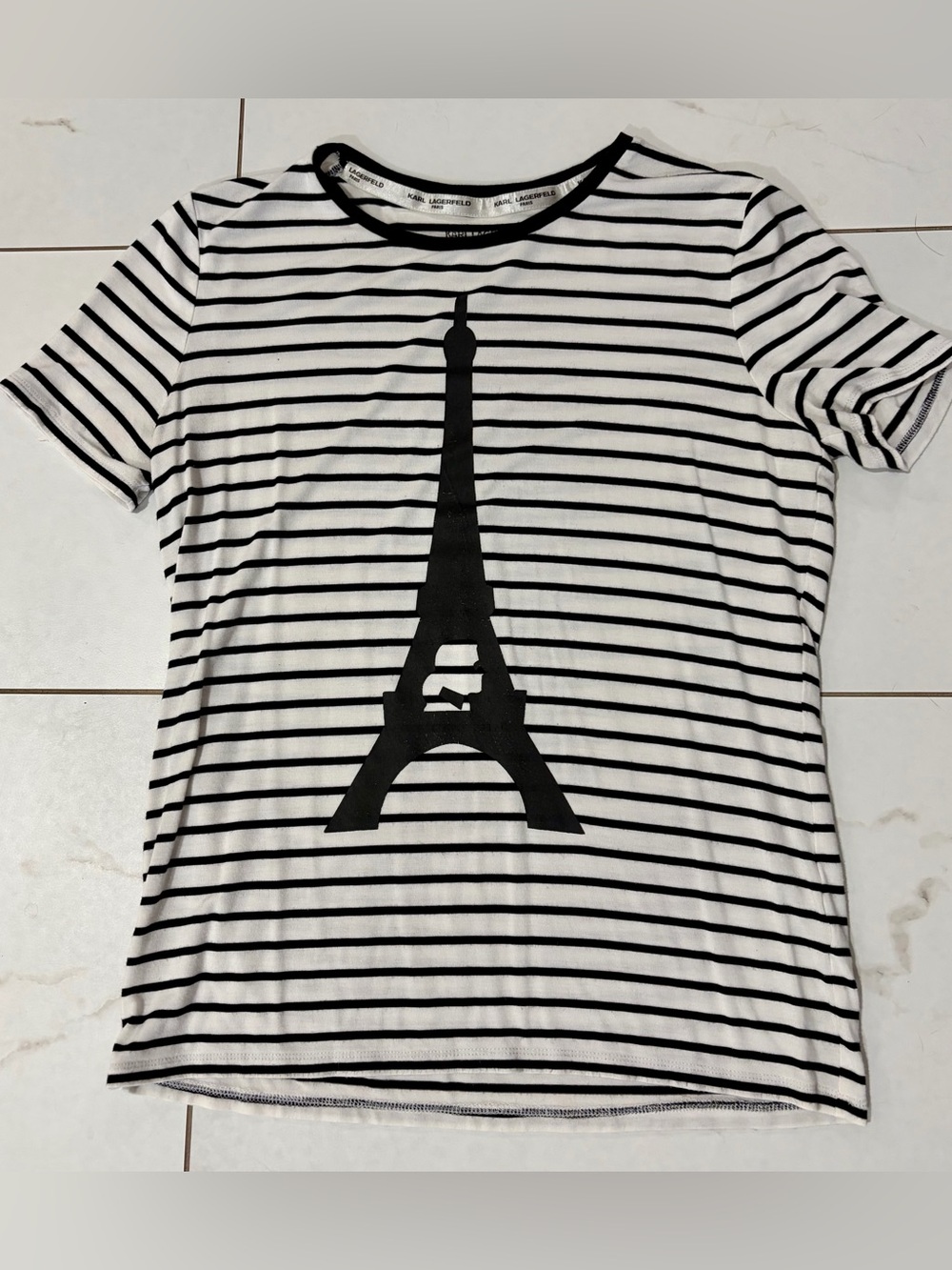 Karl Lagerfeld Eiffel Tower Black & White Striped Tee with Logo XS